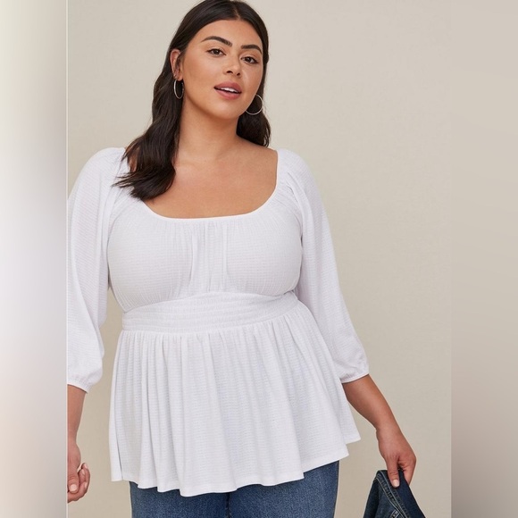 torrid Tops - Torrid Textured Jersey White Smocked Waist Top Size 3x Neutral Minimalist